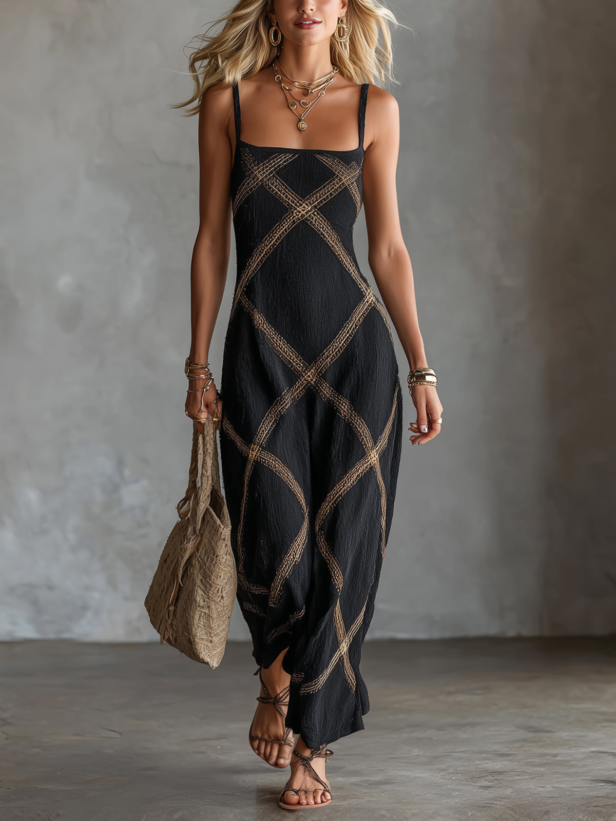 Vittoria – Geometrisches Kleid Schwarz Camel
