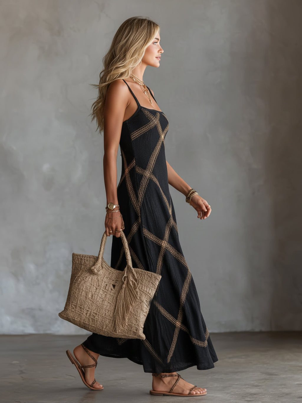 Vittoria – Geometrisches Kleid Schwarz Camel
